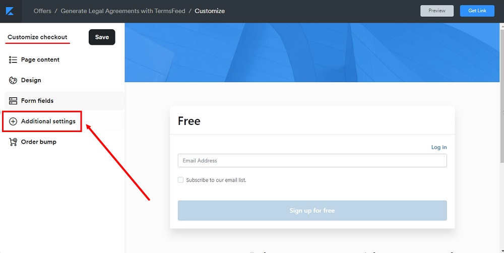 TermsFeed Kajabi: Offer - Edit Checkout - Additional settings selected
