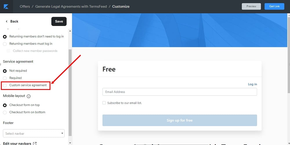 TermsFeed Kajabi: Offer - Edit Checkout - Additional settings - Service agreement - Custom selected