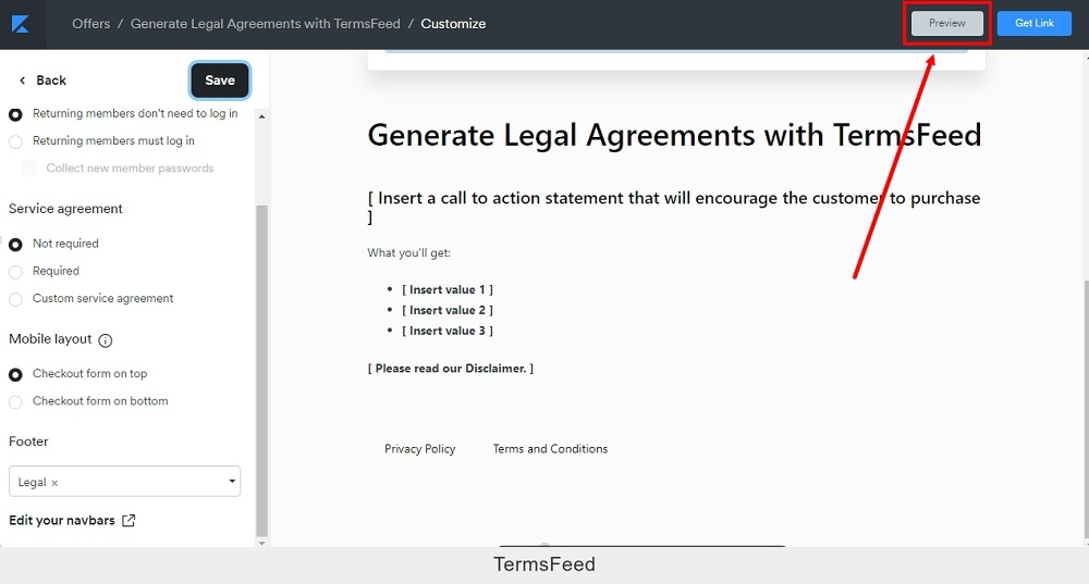 TermsFeed Kajabi: Offer editor - the preview highlighted
