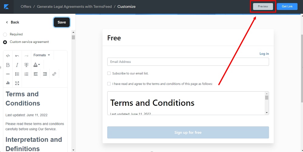 TermsFeed Kajabi: Offer editor - the preview selected