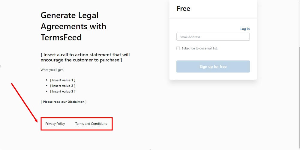 TermsFeed Kajabi: Offer preview - The legal policies at the footer are displayed