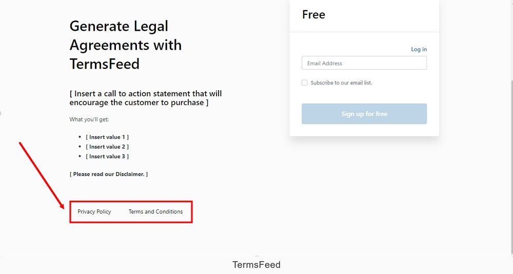 TermsFeed Kajabi: Offer preview - The legal policies at the footer are displayed