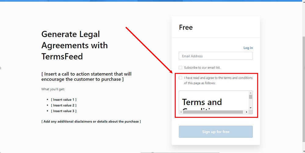 TermsFeed Kajabi: Offer  preview - The Terms and Conditions agree checkbox displayed