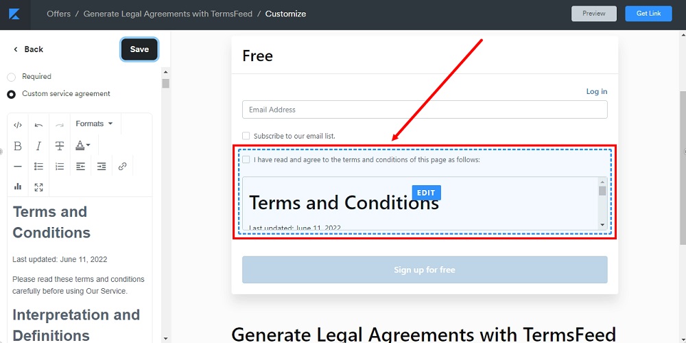 TermsFeed Kajabi: Service agreement - Custom - Terms and Conditions added - Checkbox to the Form of your Offer