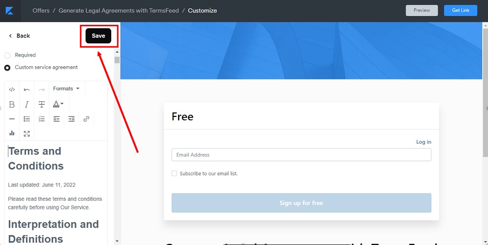 TermsFeed Kajabi: Service agreement - Custom - Terms and Conditions added - Save  selected