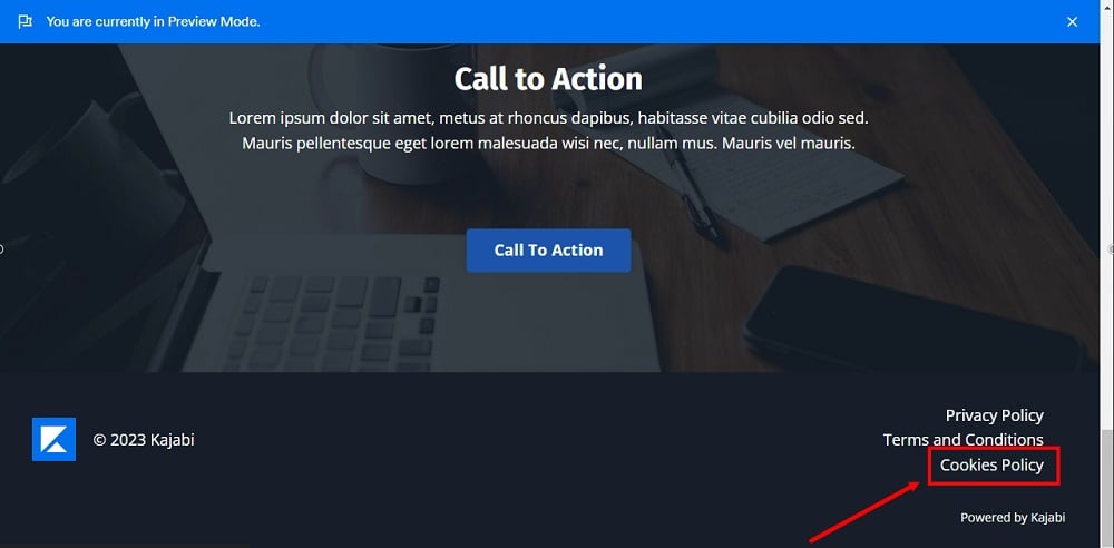TermsFeed Kajabi: Website - Preview mode - The Cookies Policy page is displayed in the website footer