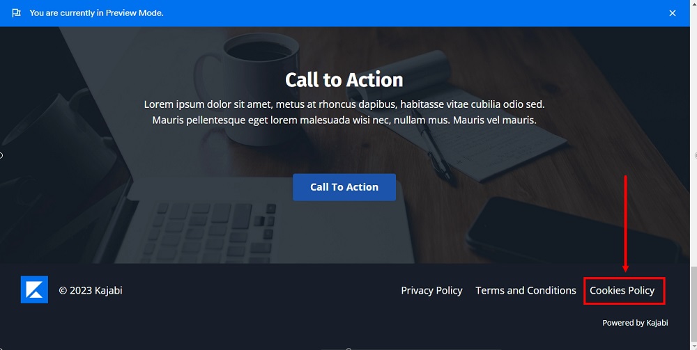 TermsFeed Kajabi: Website - Preview mode - The Cookies Policy page is displayed in the website foot