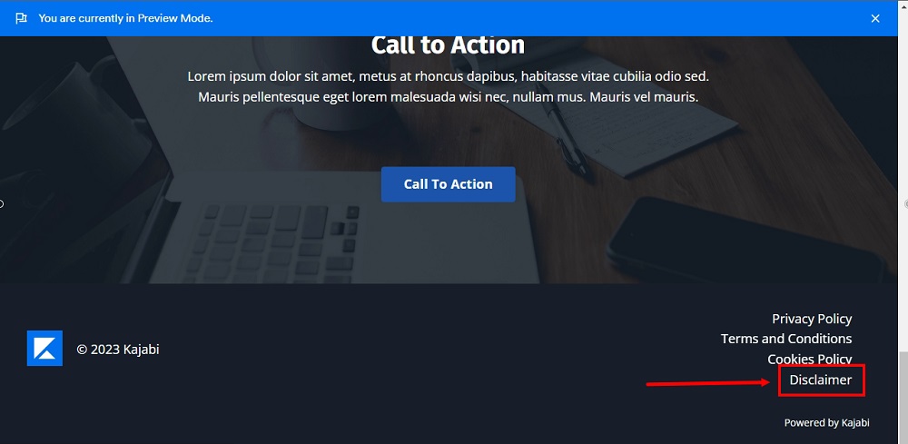 TermsFeed Kajabi: Website - Preview mode - The Disclaimer page is displayed in the website footer