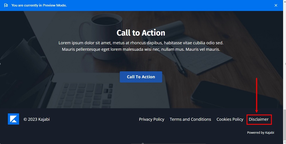 TermsFeed Kajabi: Website - Preview mode - The Disclaimer page is displayed in the website footer