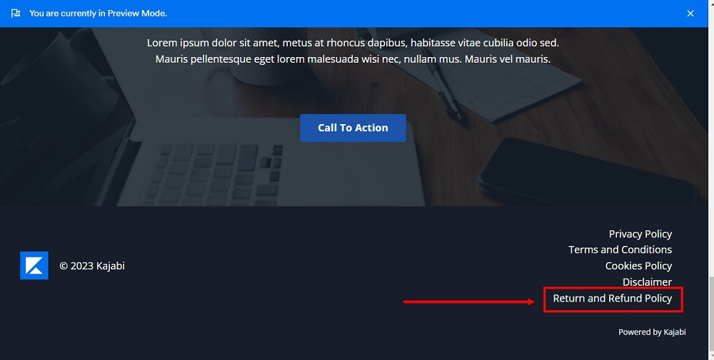 TermsFeed Kajabi: Website - Preview mode - The Return and Refund Policy page is displayed in the website footer