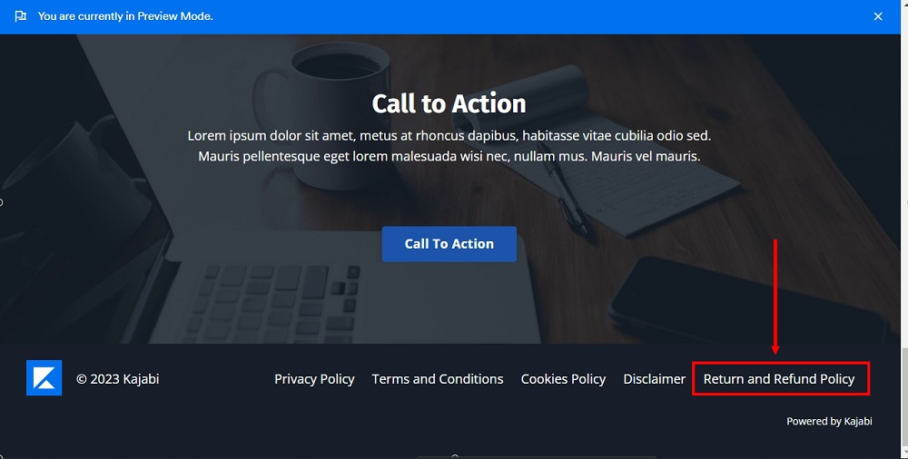 TermsFeed Kajabi: Website - Preview mode - The Return and Refund Policy page is displayed in the website footer
