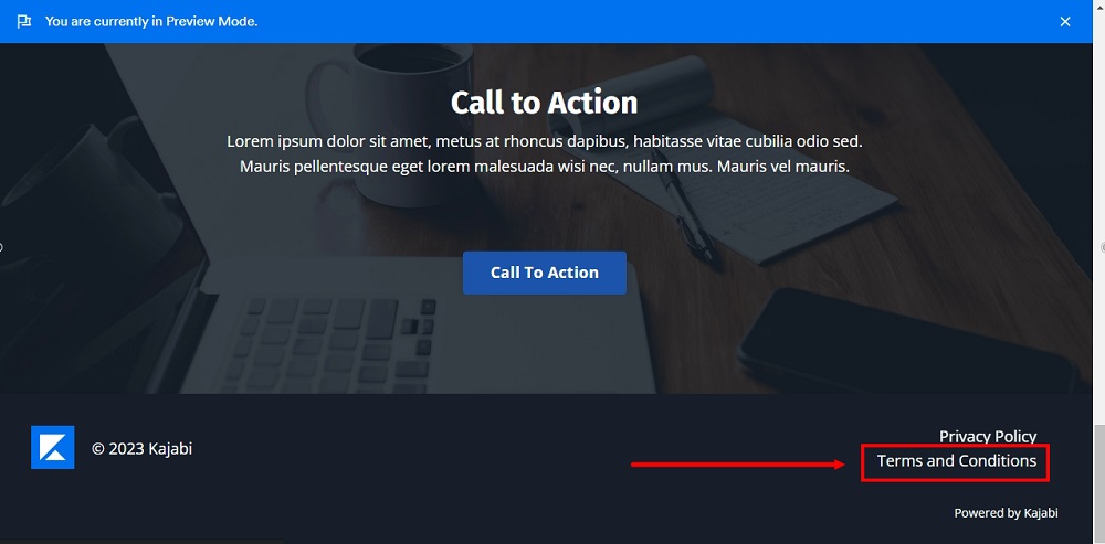 TermsFeed Kajabi: Website - Preview mode - The Terms and Conditions page is displayed in the website footer