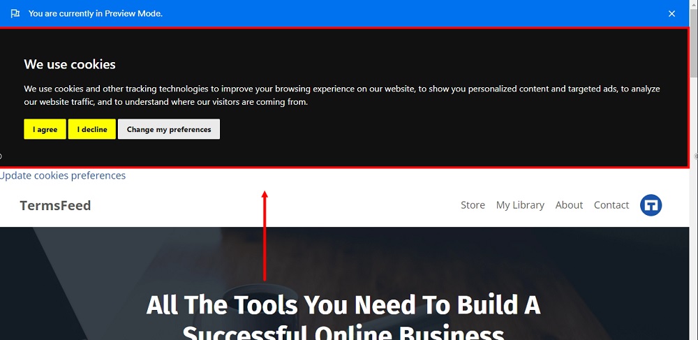 TermsFeed Kajabi: Website preview with Free Cookie Consent displayed in the header highlighted