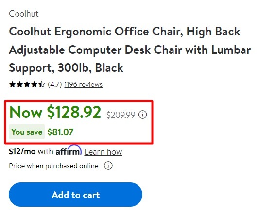 Walmart product listing with price and discount highlighted