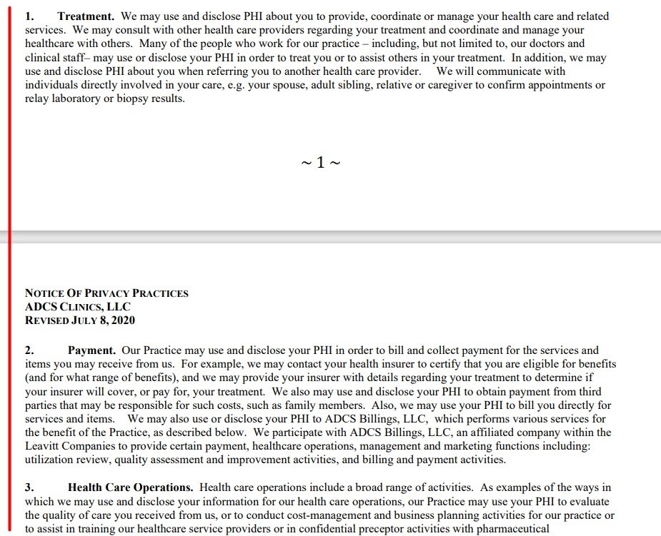 Advanced Dermatology Notice of Privacy Practices excerpt