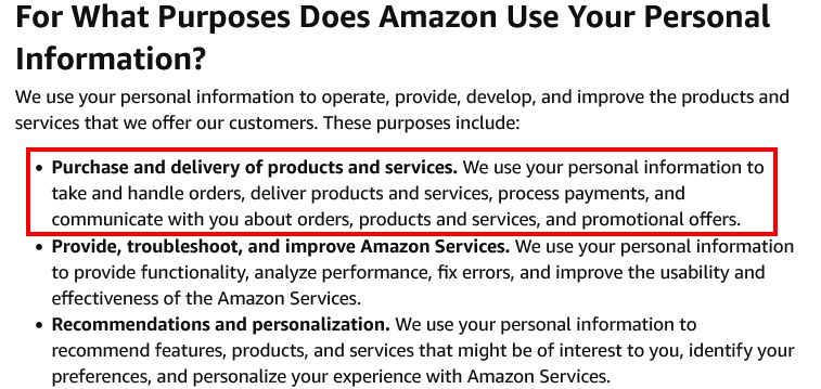 Amazon Privacy Notice: For what purposes does Amazon use your personal information clause - Purchase and delivery of products and services section highlighted