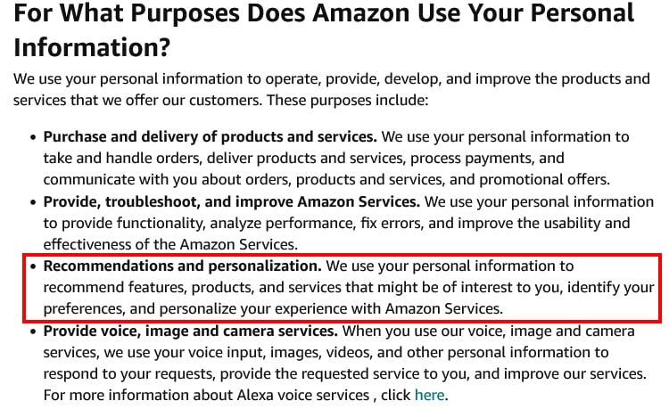 Amazon Privacy Notice: For what purposes does Amazon use your personal information clause - Recommendations and personalization section highlighted