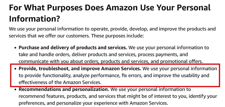 Amazon Privacy Notice: For what purposes does Amazon use your personal information clause - Provide troubleshoot and improve Amazon Services section highlighted