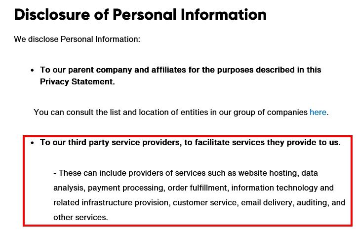 Corteva Privacy Policy: Disclosure of Personal Information clause - Third party service providers section highlighted