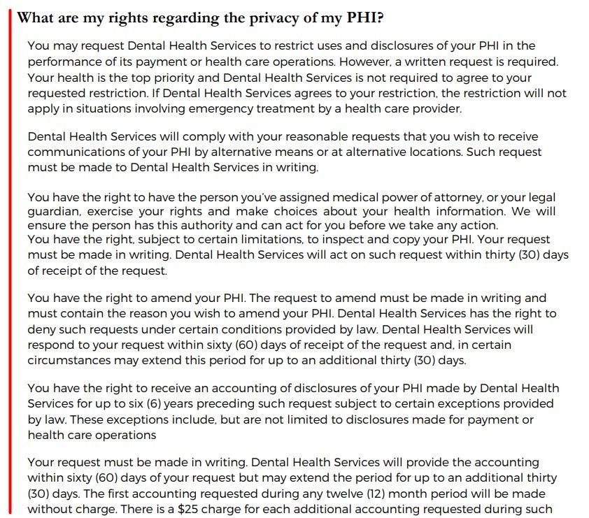Dental Health Services Privacy and Confidentiality Notice: Rights regarding privacy section
