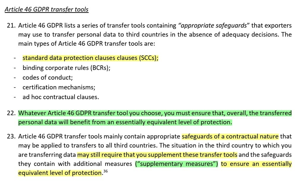 EDPB Recommendations on measures that supplement transfer tools - Sections 21 through 23