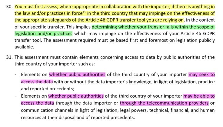 EDPB Recommendations on measures that supplement transfer tools - Sections 30 and 31