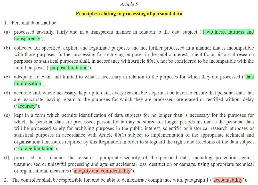 GDPR Article 5 with highlighting