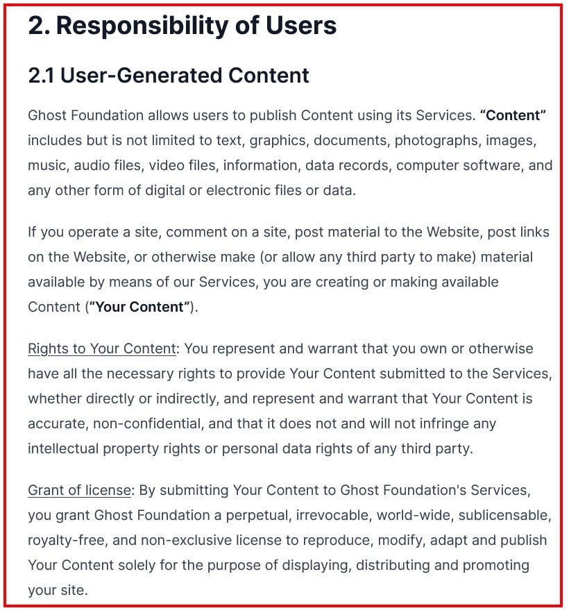 Ghost Terms of Service: User generated content clause excerpt