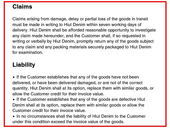 Hiut Denim Co Terms of Service: Claims and Liability clauses