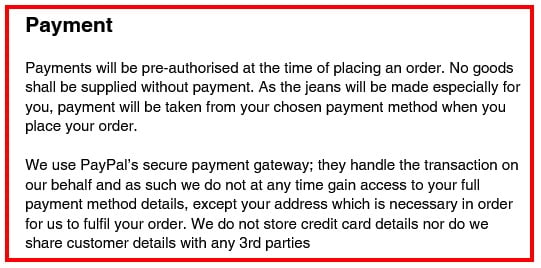 Hiut Denim Co Terms of Service: Payment clause