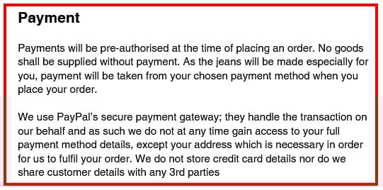 Hiut Denim Co Terms of Service: Payment clause