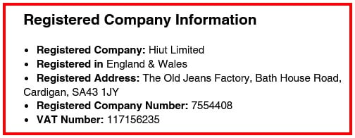 Hiut Denim Co Terms of Service: Registered Company Information clause