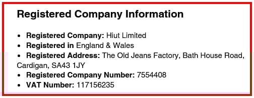 Hiut Denim Co Terms of Service: Registered Company Information clause