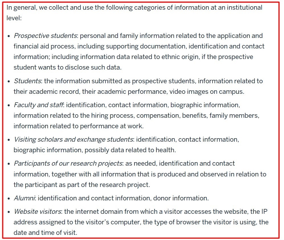 Indiana University Privacy Policy: Categories of information we collect and use clause