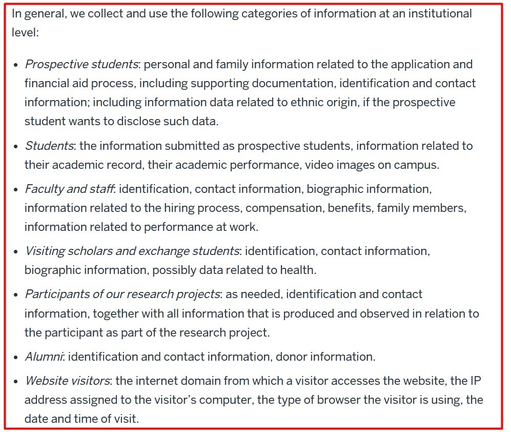 Indiana University Privacy Policy: Categories of information we collect and use clause