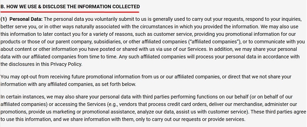 Indianapolis Motor Speedway Privacy Policy: How we use and disclose the information collected clause