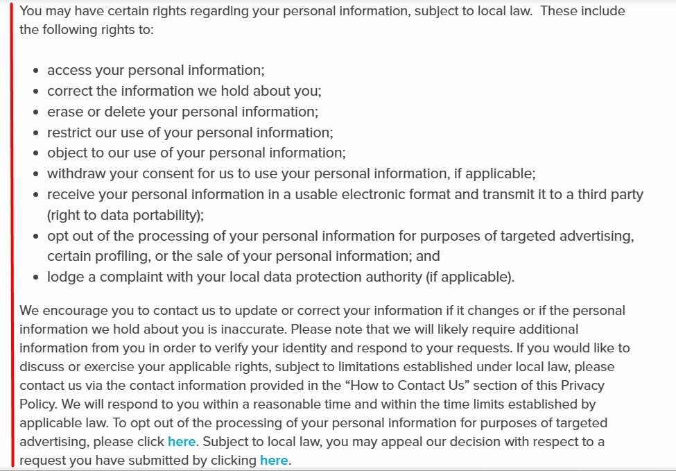 Koch Industries Privacy Policy: User rights clause