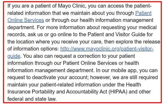 Mayo Clinic Privacy Policy: How to exercise rights section
