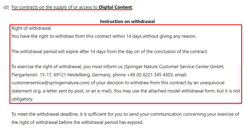 Nature Terms and Conditions: Right of Withdrawal section
