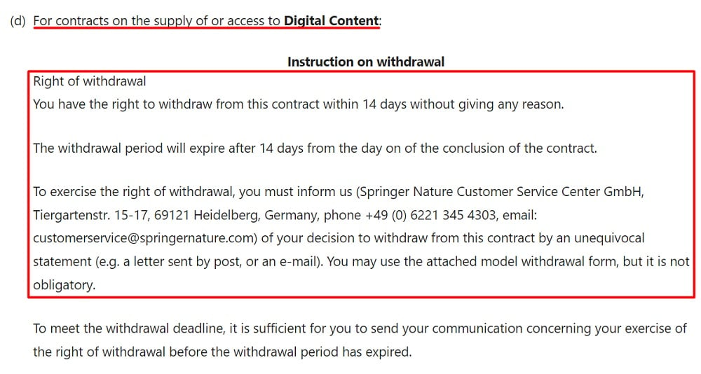 Nature Terms and Conditions: Right of Withdrawal section