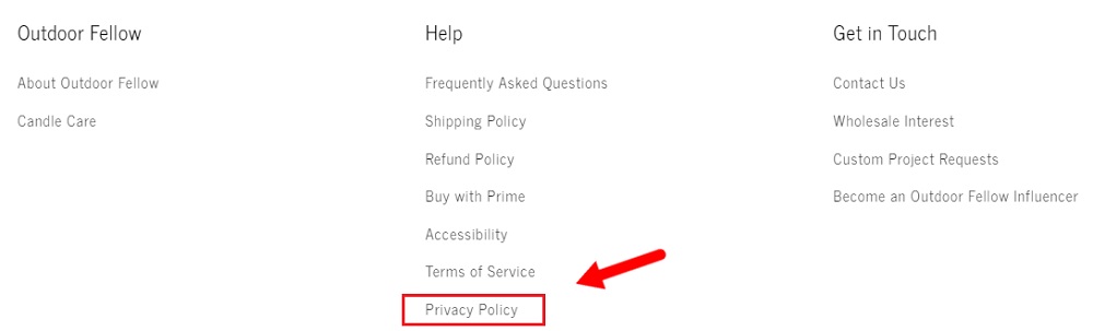 Outdoor Fellow website footer with Privacy Policy link highlighted