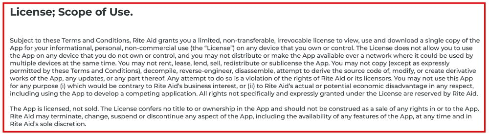 Rite Aid Mobile App Terms and Conditions: License and Scope of Use clause