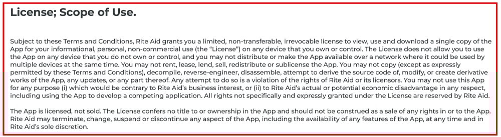 Rite Aid Mobile App Terms and Conditions: License and Scope of Use clause