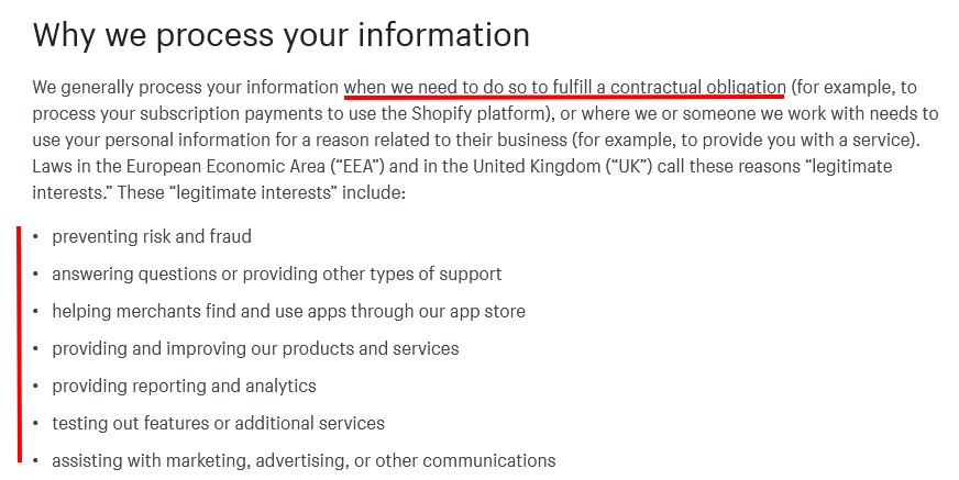 Shopify Privacy Policy: Why we process your information clause