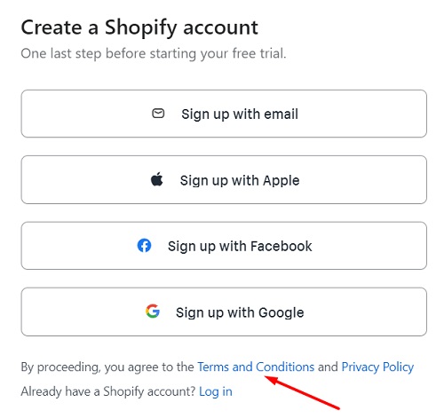 Shopify Sign-up page with Terms and Conditions link highlighted