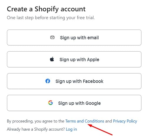 Shopify Sign-up page with Terms and Conditions link highlighted