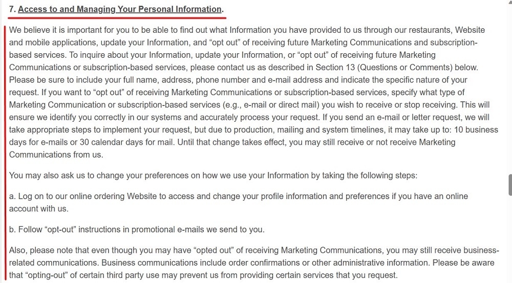 Steak n Shake Privacy Policy: Access to and Managing Your Personal Information clause