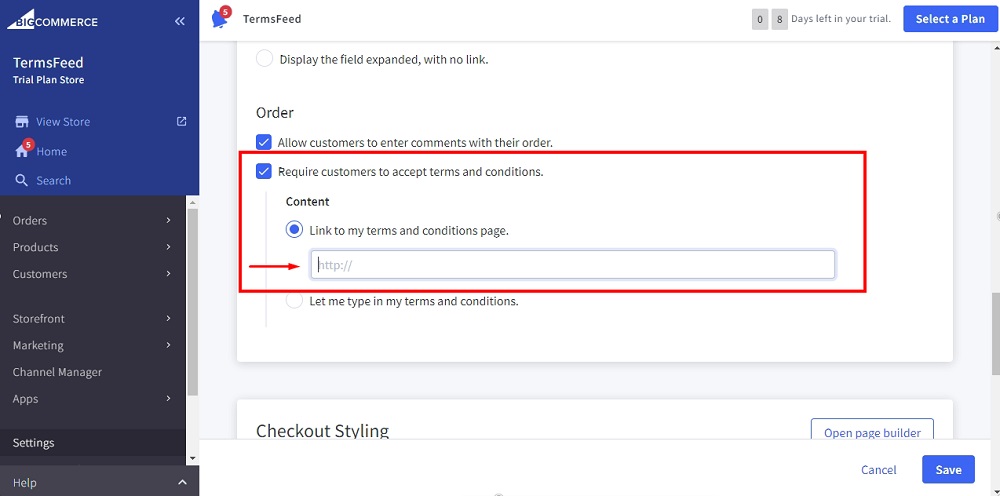 TermsFeed BigCommerce: Checkout - Order section with checked Require customers to accept terms and Link to my terms and conditions option selected