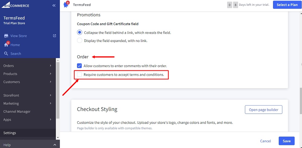 TermsFeed BigCommerce: Checkout - Order section with unchecked Require customers to accept terms and conditions option selected