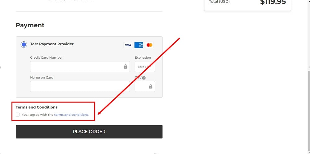 TermsFeed BigCommerce: Checkout - Payment step - The I agree checkbox for Terms and Conditions displayed highlighted